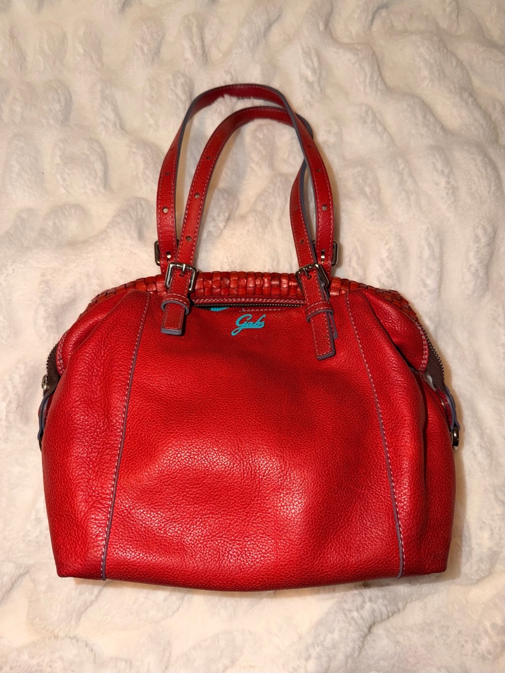 Gabs transformable bowler bag with red woven leather & blue Polk dot interior